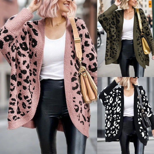 Women Fashion Leopard Print Long Sleeve Sweater Cardigan Loose Knit Button Shirts Work Wear Loose Oversized Vintage Print