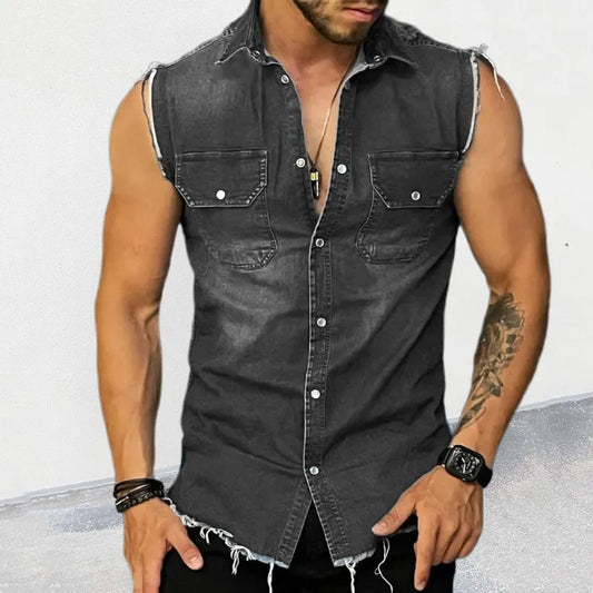 Men's Fitted Vintage Denim Vest Sleeveless Denim Vest And Jacket Geometric Korean Fashion