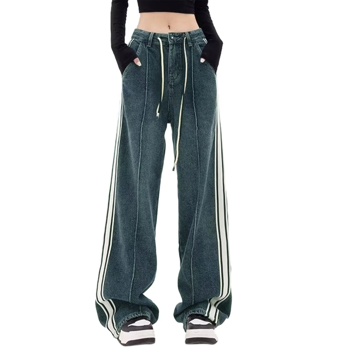 Low Rise Y2K Baggy Jeans Women's Retro Striped Contrast Color Lace Up Washed Denim Trousers Spring Autumn Wide Leg Jeans Pants