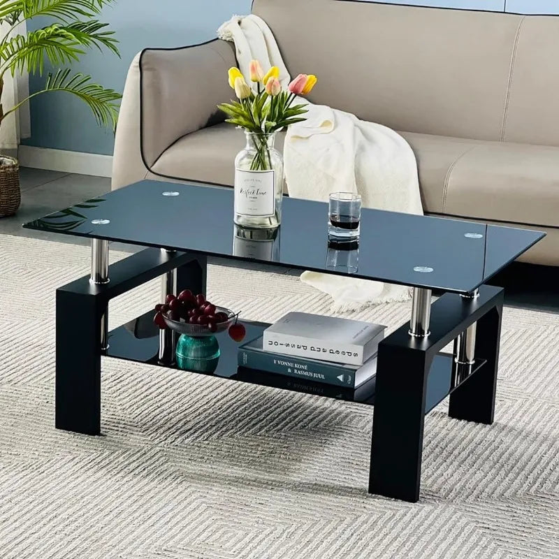 Living Room Rectangle Coffee Table, Tea Table Suitable for Waiting Room Modern Side Coffee Table with Wooden Leg, Glass Tabletop