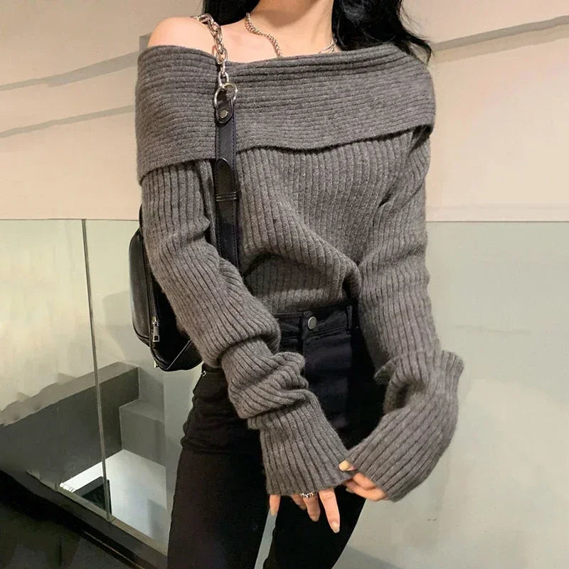 Sweater Women Sexy Off Shoulder Long Sleeve Pullovers Female Korean Fashion Knitwear Autumn Elegant Thicken Slim Jumpers Top