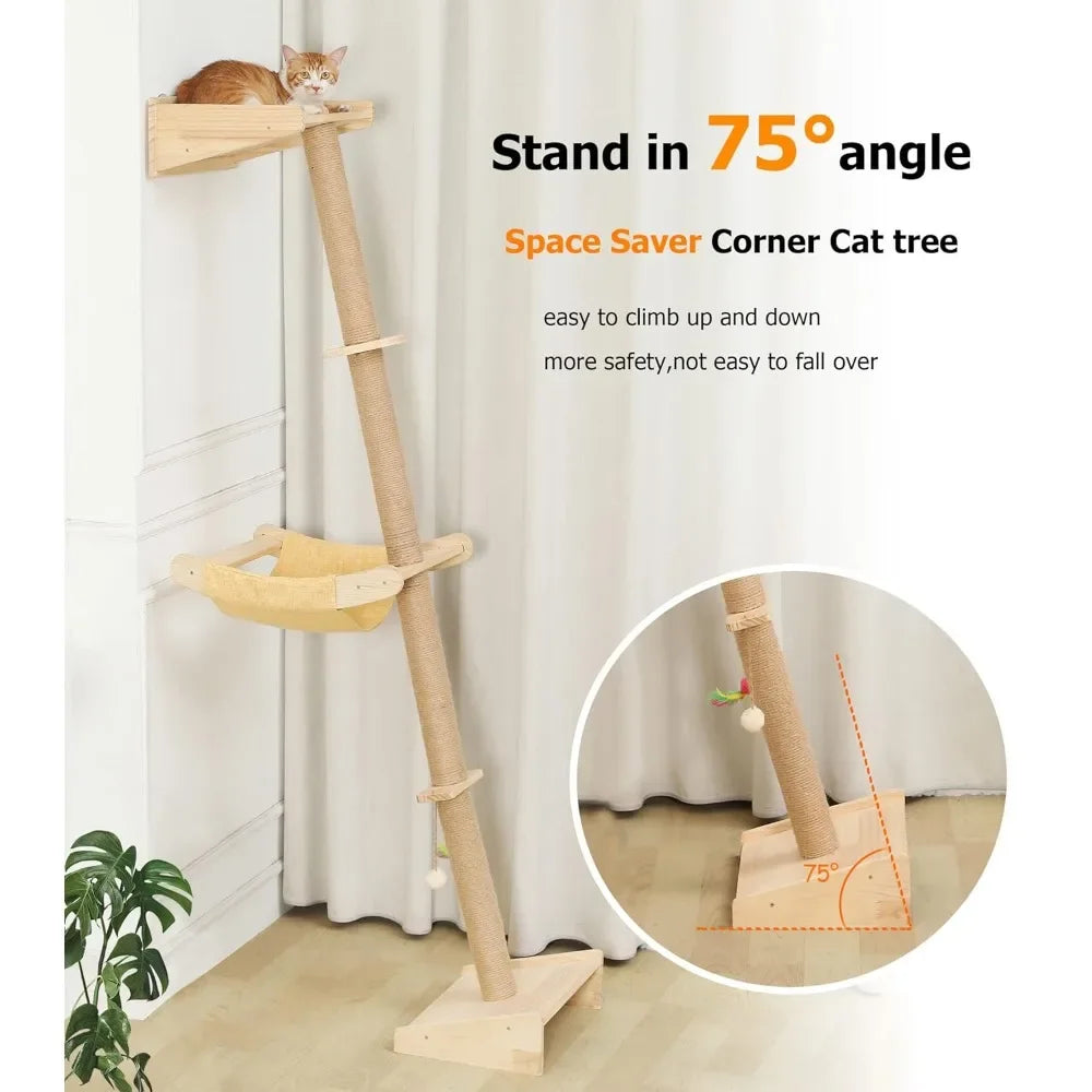 Wall Cat Tree with Hammock, 76" Tall Cat Wall Furniture Lean Against Wall Cats Climbing Tower for Active Indoor Climbers