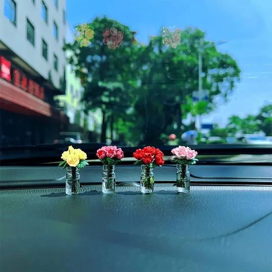 Car Ornament Model Cute Miniature Rose Sunflower Vase Auto Center Console Decoration Ornaments for Car Gifts Accessories