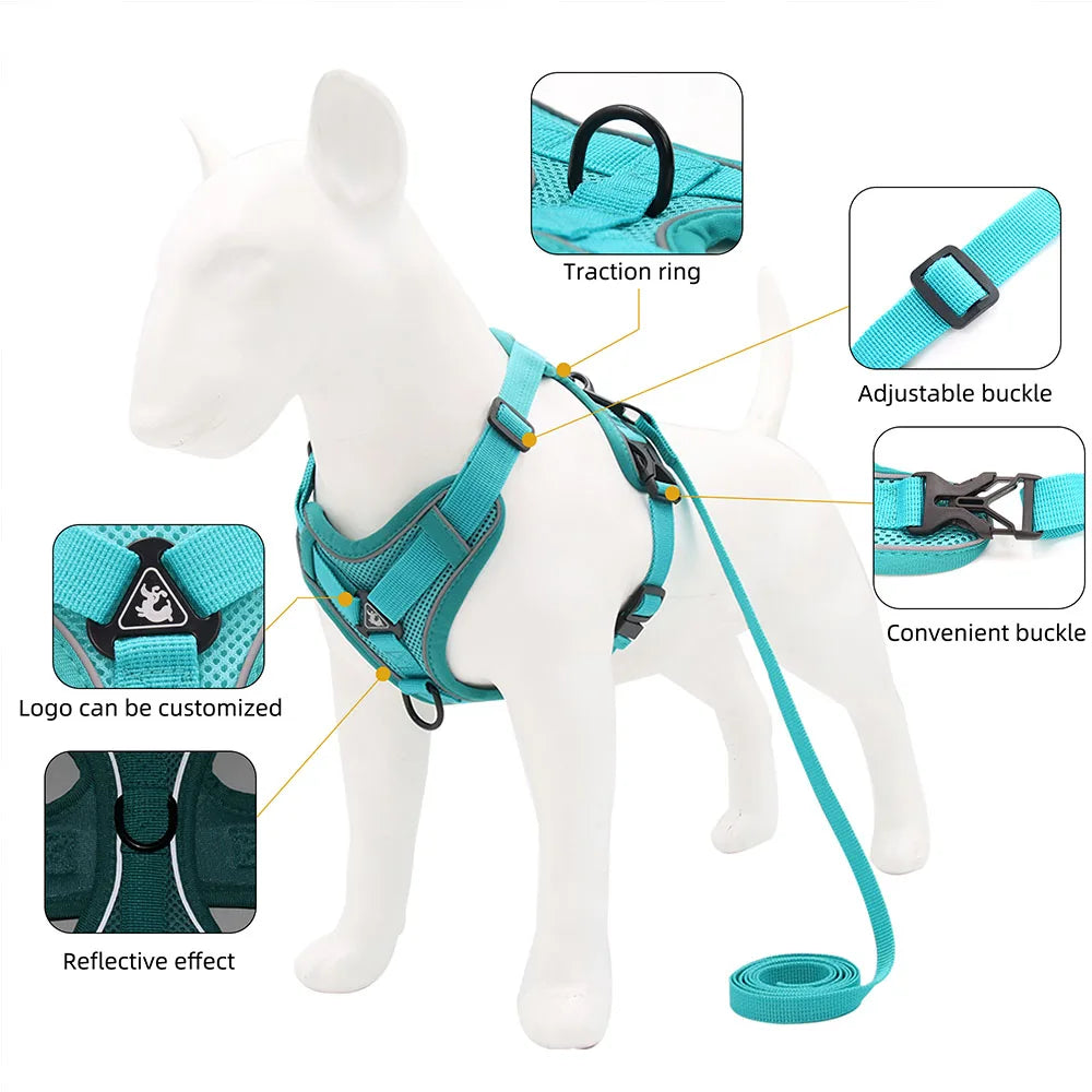 Dog Harness with 1.5m Traction Leash Set No Pull Dog Vest Strap Adjustable Reflective Breathable Harness for Dogs Puppy and Cats