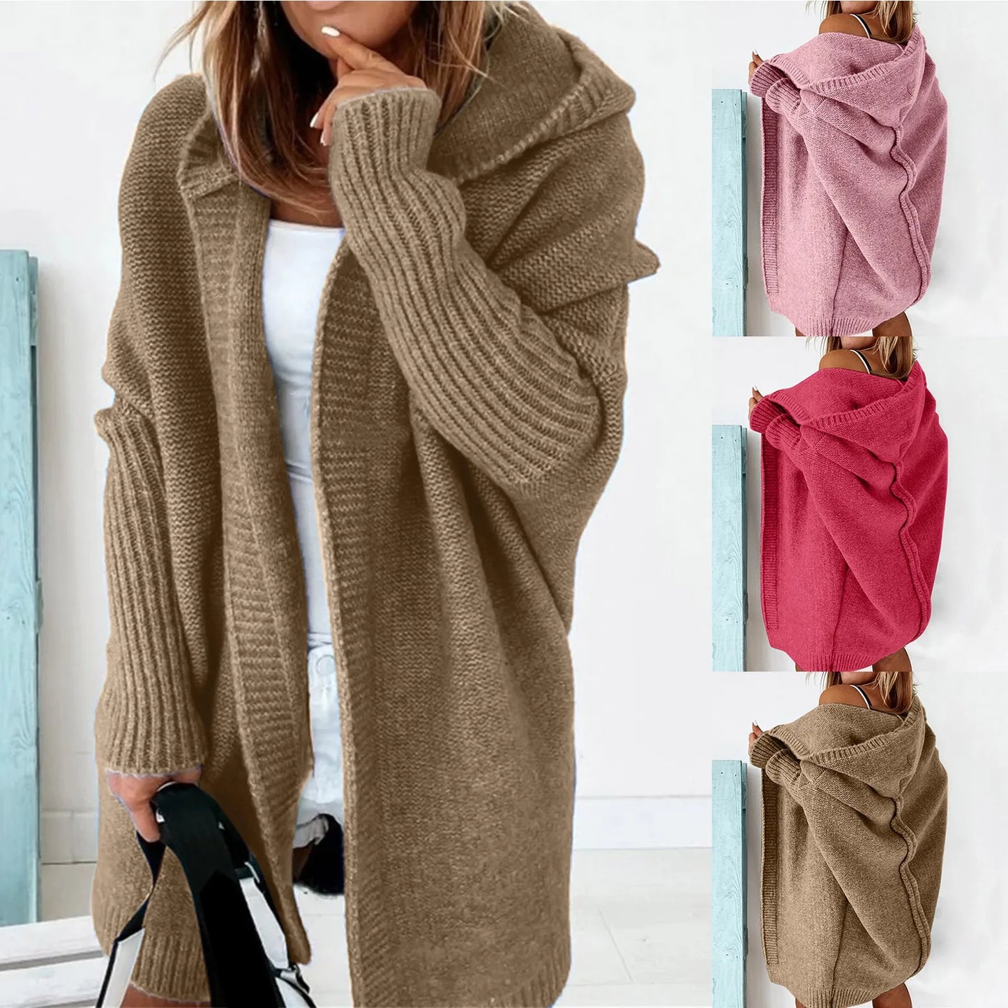 Autumn Winter Hooded Knitted Cardigan Women Open Front Sweater Coat Casual Loose Long Sleeve Solid Knitwear кардиган женский