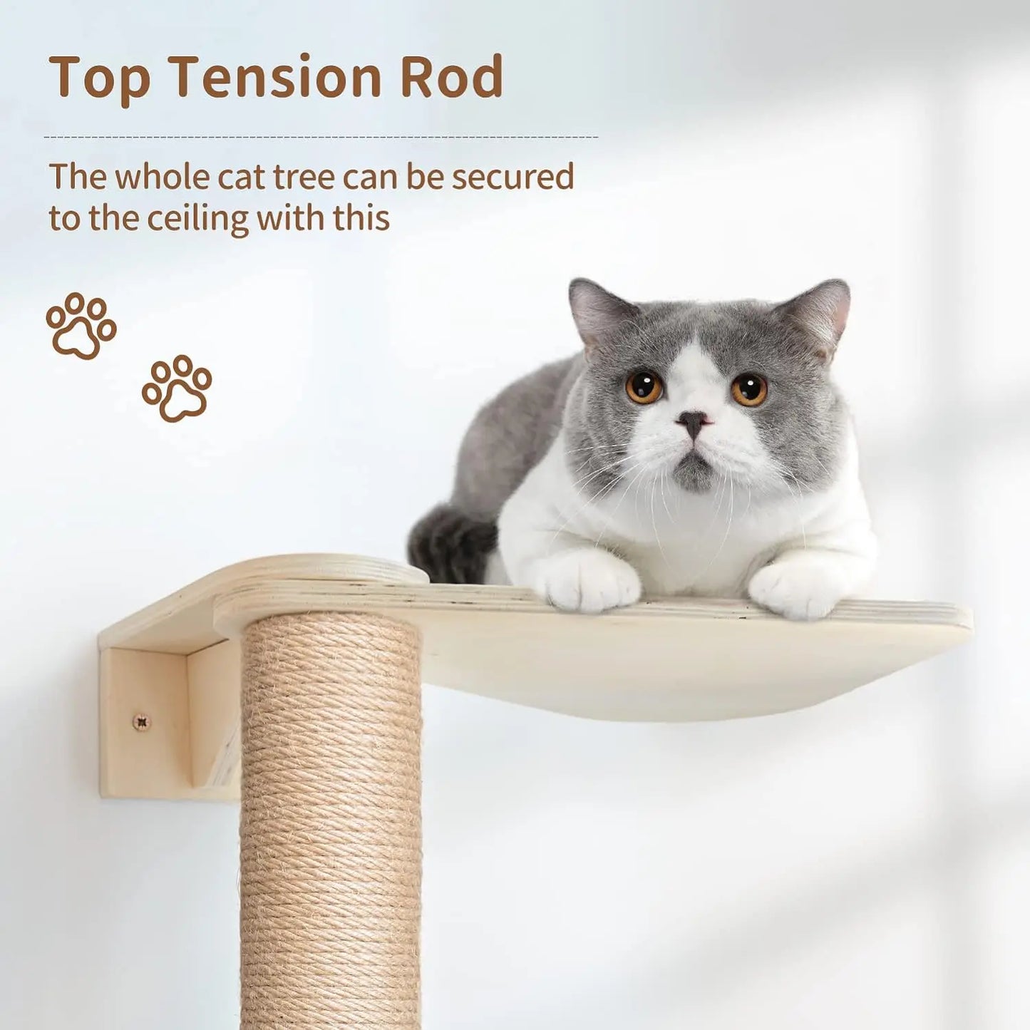 Wood Cat Tower Floor to Ceiling Adjustable, Tree Tall Cat Scratching Post, Cat Tree with 3-Tier Floor for Climb