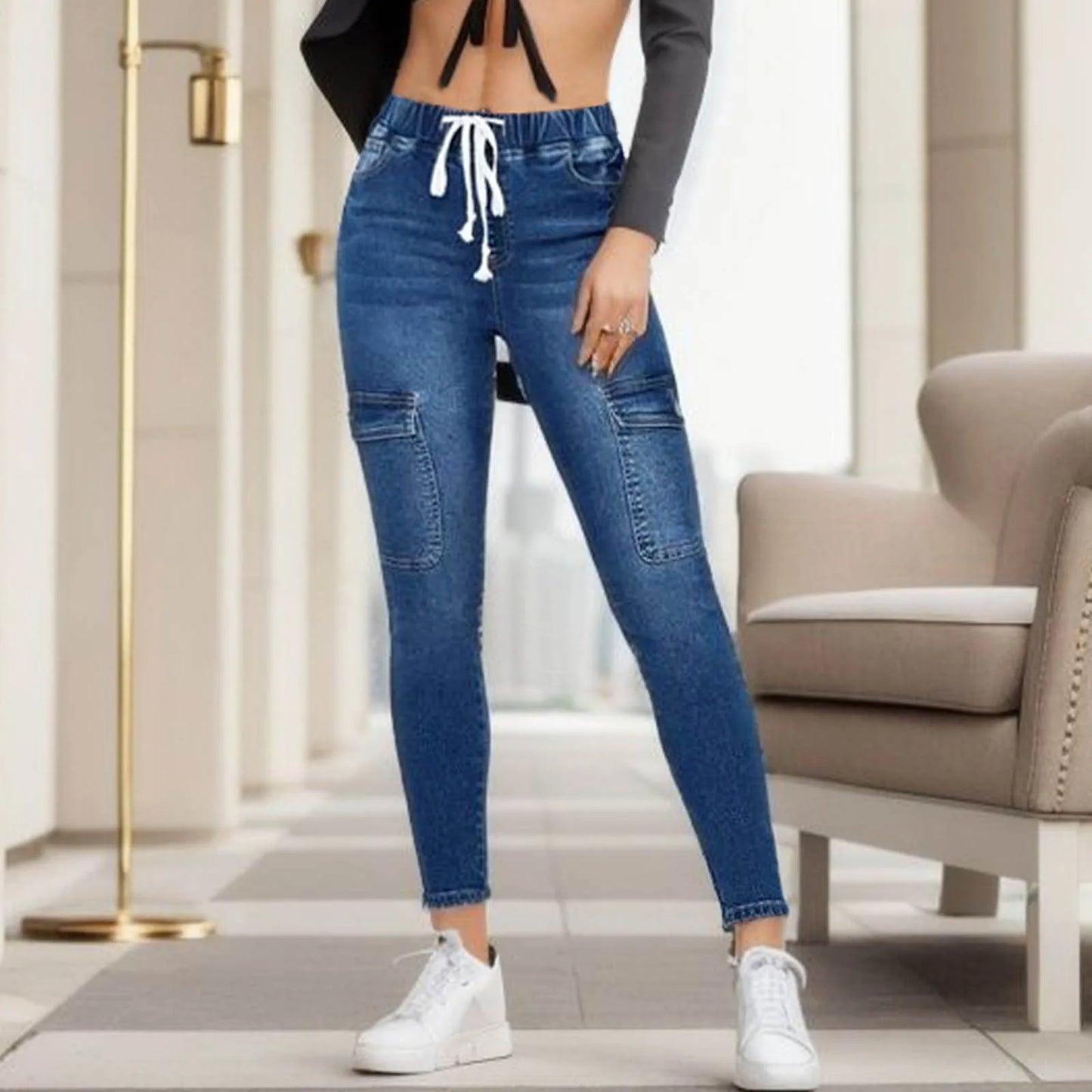 Women Casual Workout Jeans Drawstring Elastic Waist Denim Trousers Fashion Slim Fit Hip Lift Leggings Vintage Blue Pencil Pants