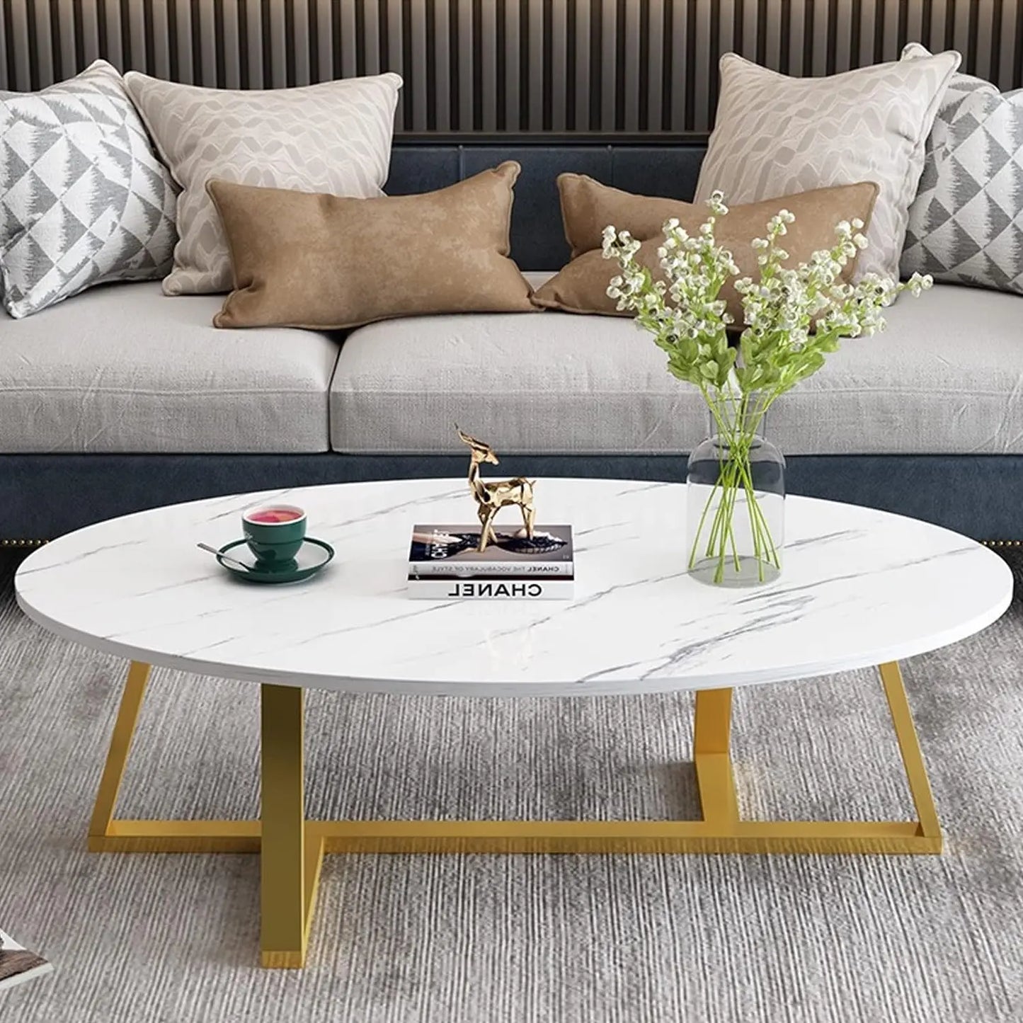 Wolawu Oval Faux White Marble Coffee Table Wooden Gold Elliptic Modern Side End Table for Coffee Dinning Living Room Kitchen, Sm