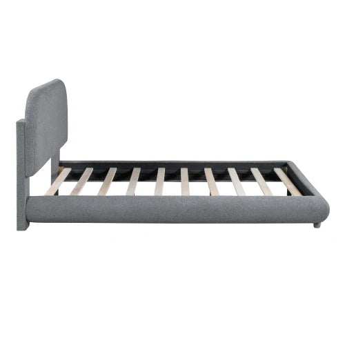 Teddy Fleece Full/Quee Size Upholstered Platform Bed with Thick Fabric, Solid Frame and Stylish Curve-shaped Design, Gray