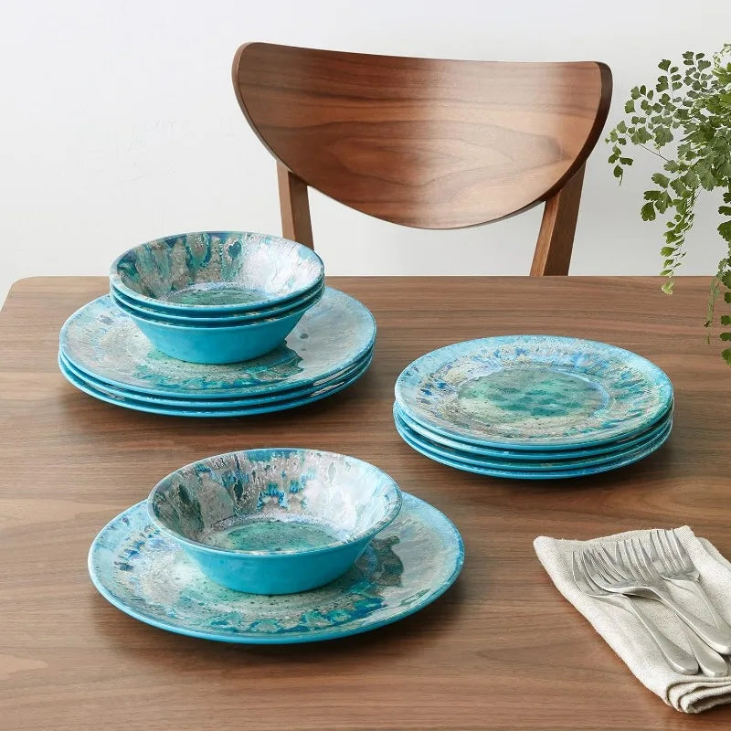 Certified International Radiance Teal Melamine 12 Pc Dinnerware Set Blue Dinner Plate Set