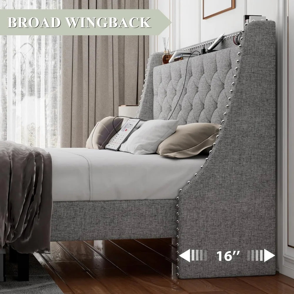 King Bed Frame with Luxury Wingback Upholstered Button Tufted Storage Headboard, King Platform Bed with Charging Station