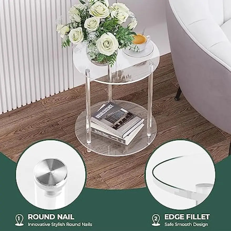 Acrylic Round Side Table, Clear End Table for Living Room, Modern Nightstand Easy Assembly, 15.75 Inches Acrylic Coffee Table