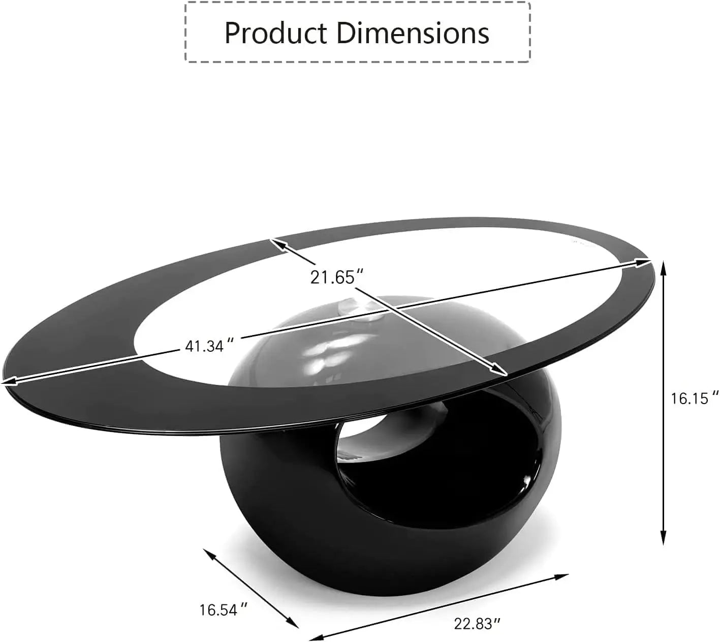 Contemporary Black/White Oval Glass Coffee Table with Round Hollow Base-Modern End Side Table for Home Living Room Furniture