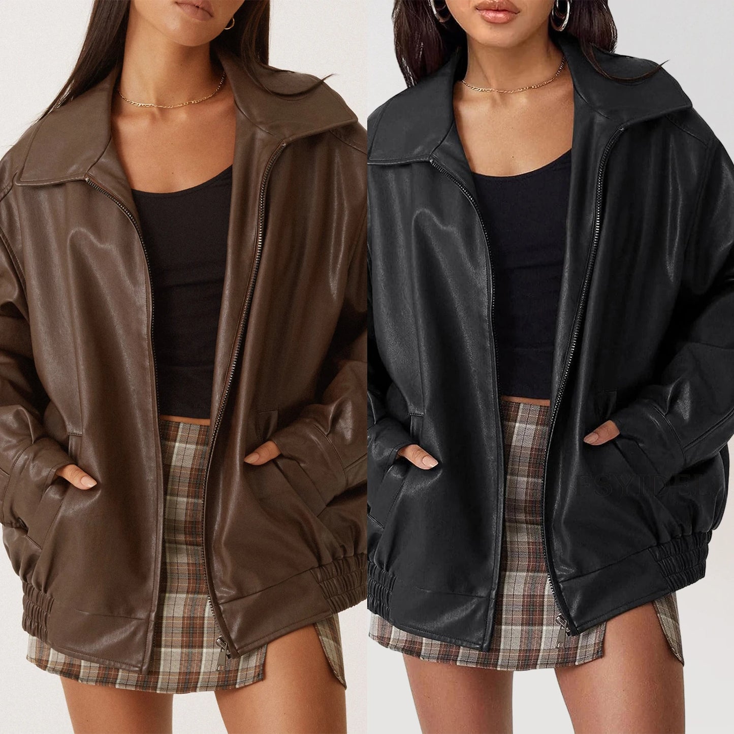 Women Oversized Jackets Casual Faux Leather Jacket Fashion Moto Biker Coat Lapel Zipper Jacket Boyfriend Outwear