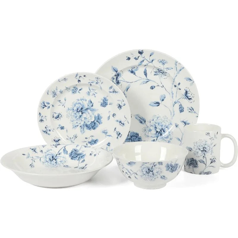 Empress Bouquet Decorated Porcelain Dinnerware Plates and Bowls Set - Blue Floral, Service for 6 (30pcs)