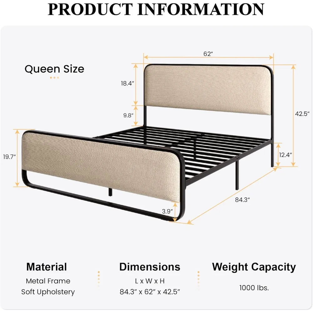 Queen platform metal bed frame, Curved upholstered headboard and footboard, Large under bed storage space, Beige