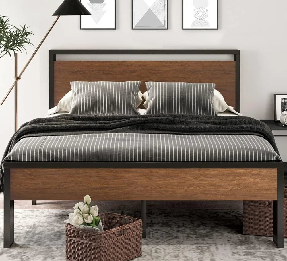 14 Inch Queen Size Metal Platform Bed Frame with Wooden Headboard and Footboard, Mattress Foundation, No Box Spring Needed