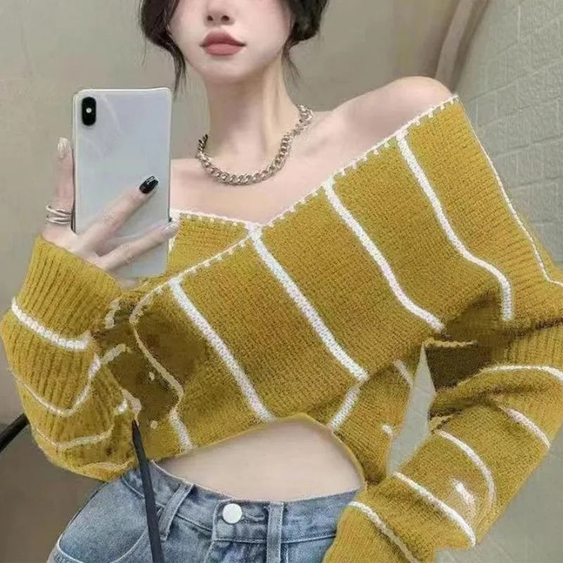 Ins Striped Jacquard Sweater Women Elegant Loose  Gentle V-neck Cross Color Contrast Long Sleeve Versatile Knit Pullover