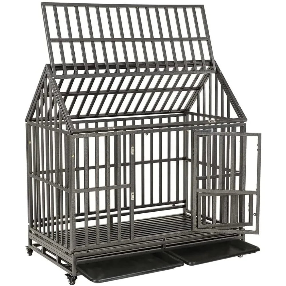 dog cage 48" Heavy Duty Dog Crate Strong Metal Cage House Shape Pet Kennel Crate Playpen with 4 Locking Wheels