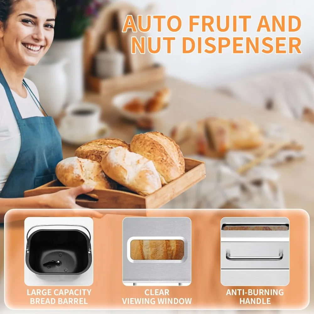 2023 New 2.2LB Stainless Steel Bread Maker with Fruit and Nut Dispenser