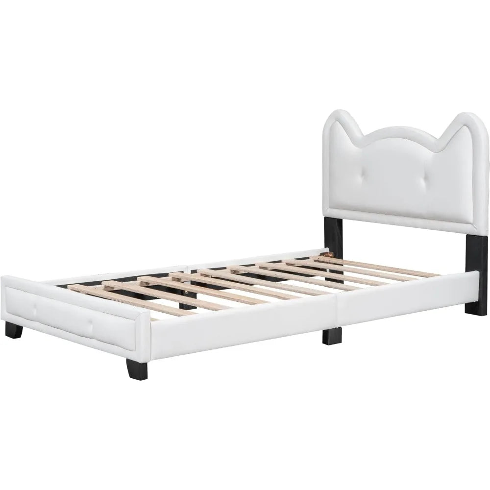 Bed frame, double size soft padded platform bed, with cardboard box ear shaped headboard, bedroom wooden platform bed frame