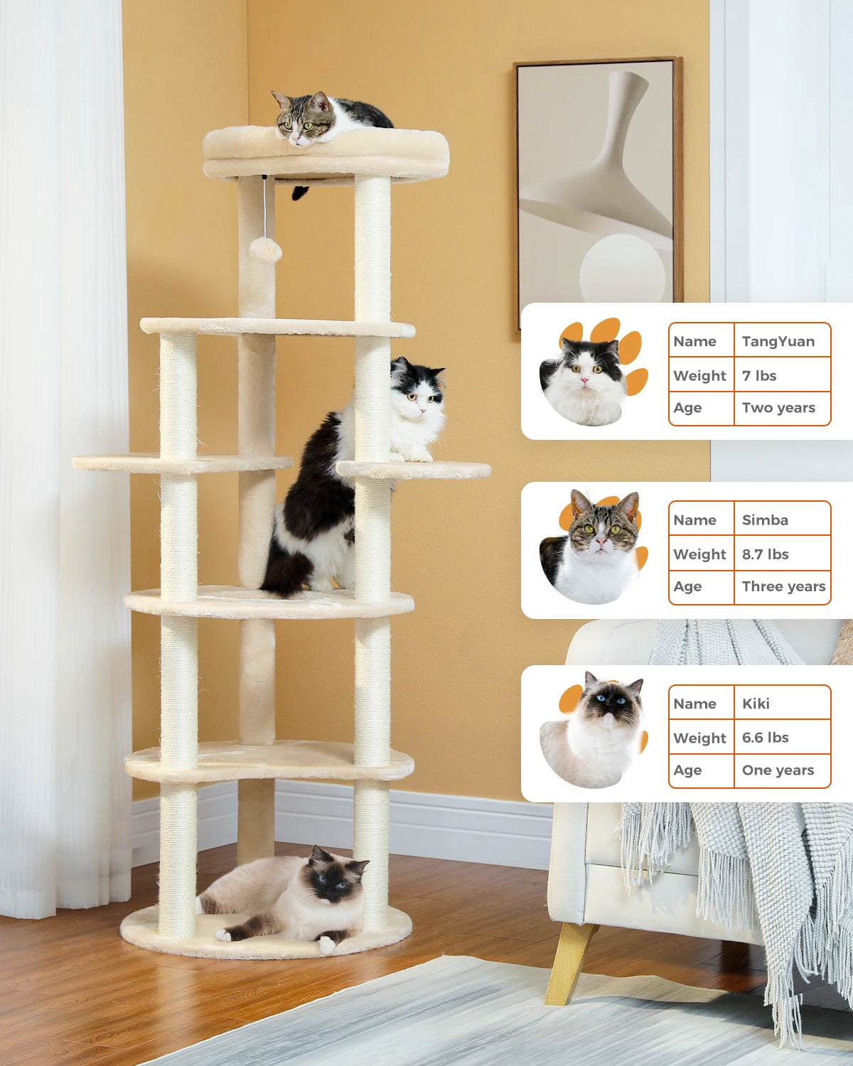 Cat Tree for Indoor Cats Cat Climbing Tower with 9 Sisal Scratching Posts Circular Play Floor and Replacable Dangling Ball Perch