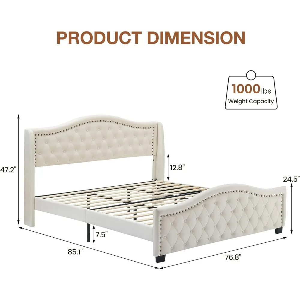 Bedroom furnitureKing size bed frame, padded platform bed with wingback high headboard, no springs, off-white