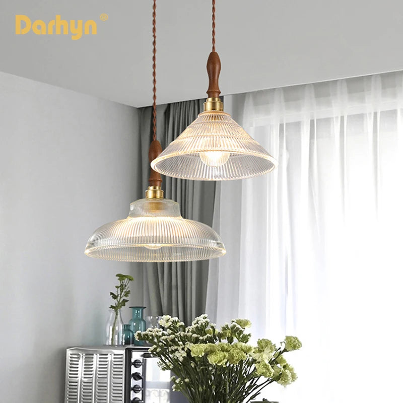 Nordic Wooden Glass Pendant Lights Retro Fixtures Home Lighting Bedroom Living Room  Hanging lamp Beside Copper Lamp Luminaire