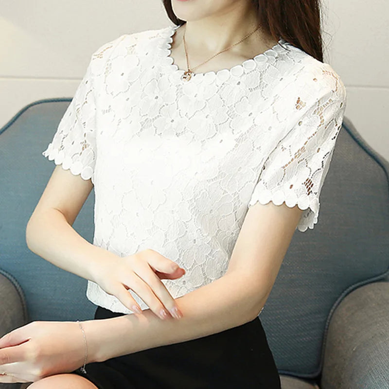 New Fashion Summer Short Sleeve Blouse Lace Women's Tops Sweet O-neck Women's Clothing Shirt White Women Shirt Blusas D710 30