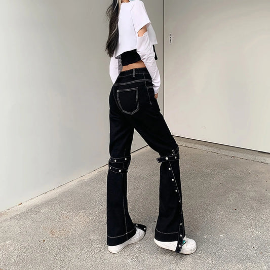 Fashion Women'S Lace-Up Black Jeans Decorated High-Waisted Slim Flare Pants Casual Vintage Comfy Outfits Pantalones De Mujer