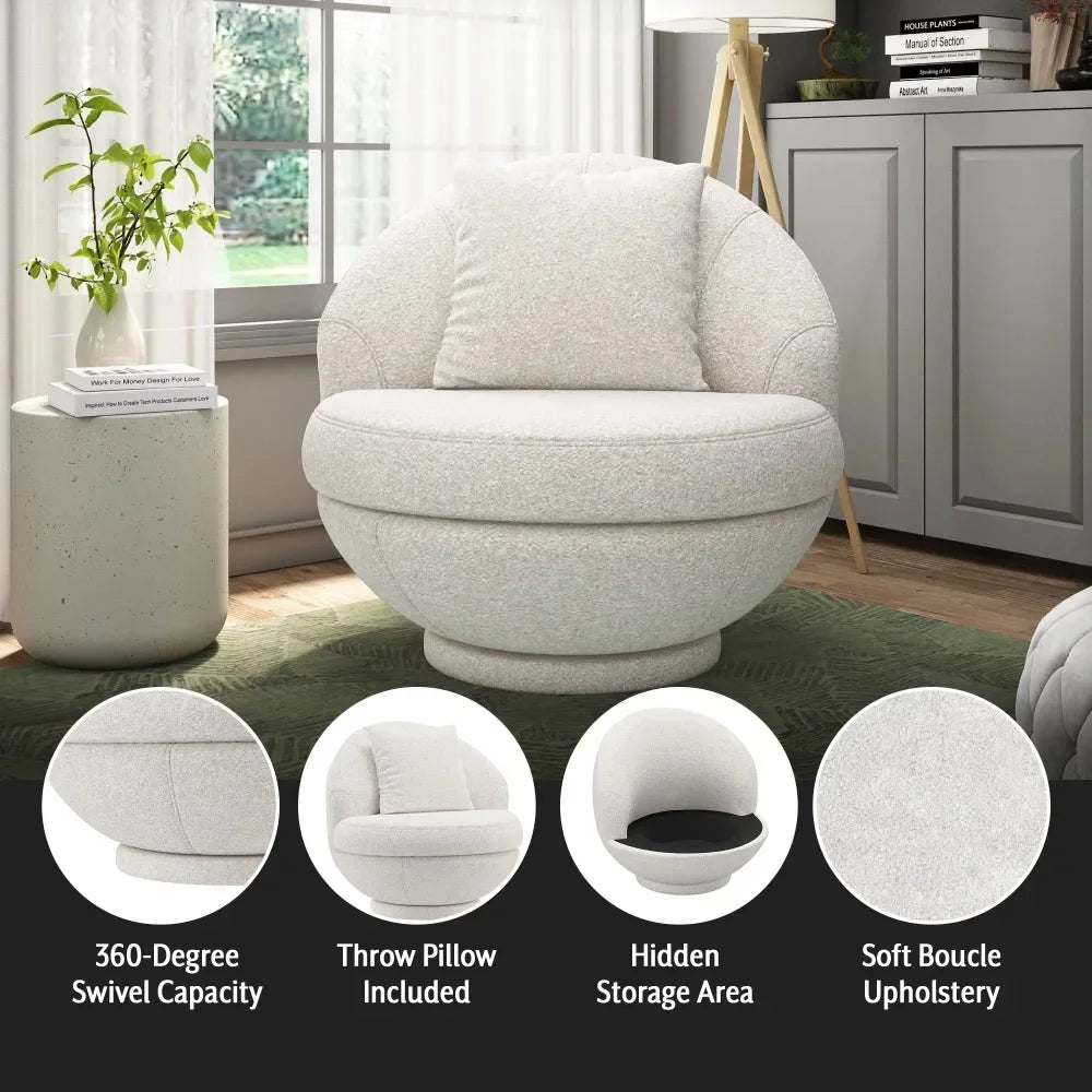 Living Room Lounge Chairs, Boulder Upholstered Swivel Storage Chair, Ash White, Accent Chairs for Bedroom