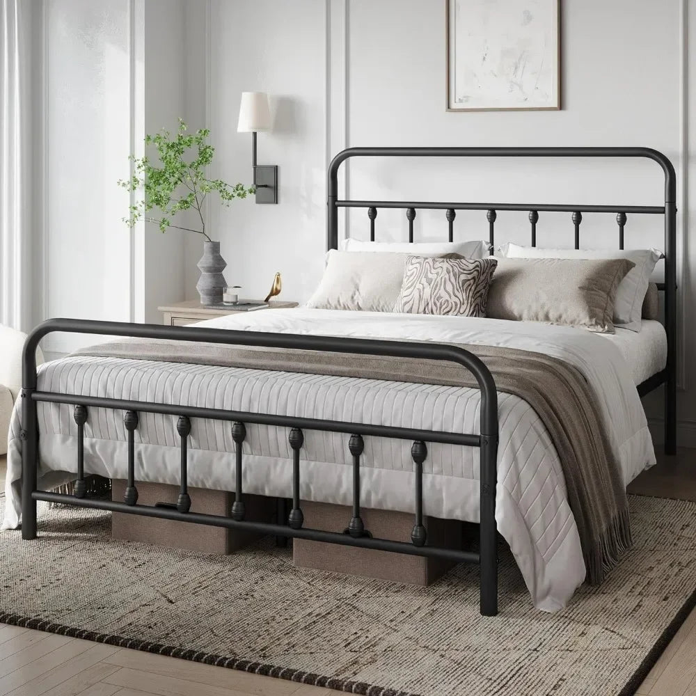 Bed Frame Metal Platform Mattress Foundation with Victorian Iron-Art Headboard/Footboard Bed Storage Queen Size Black BedFrame