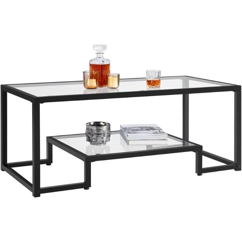 Gold Coffee Table, 42" Rectangular Glass Coffee Table for Living Room, 2-Tier Center Tea Table with Metal Frame for Small Space