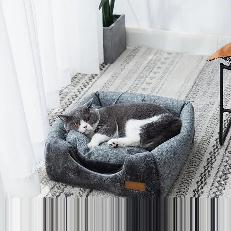 Plush Foldable Dog Cat Bed Non-slip Pet Kennel Gray Kitten House Indoor Semi-enclosed Sleeping Cats Cave Bed for Small Dogs Tent