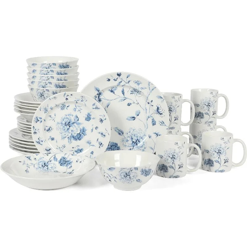 Empress Bouquet Decorated Porcelain Dinnerware Plates and Bowls Set - Blue Floral, Service for 6 (30pcs)