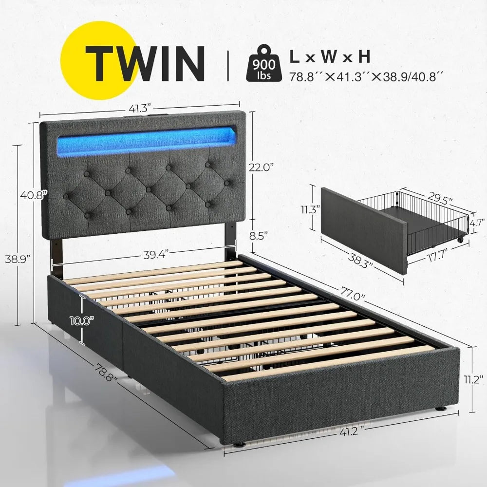 Twin Size Bed Frame with LED Lights and Charging Station, Upholstered Bed with Drawers, Wooden Planks, and Easy To Assemble