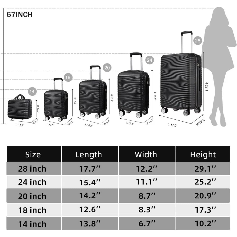 Luggage 5 Piece Sets, Hard Shell Luggage Set Expandable Carry on Luggage Suitcase for Men Women(14/18/20/24/28, Black)