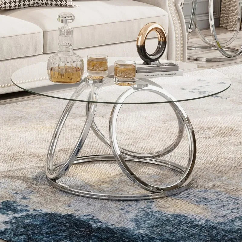 Round Coffee Table, Modern Silver Coffee Table Living Room Table with Ring-Shaped Frames, for Home&Office, Chrome Finish