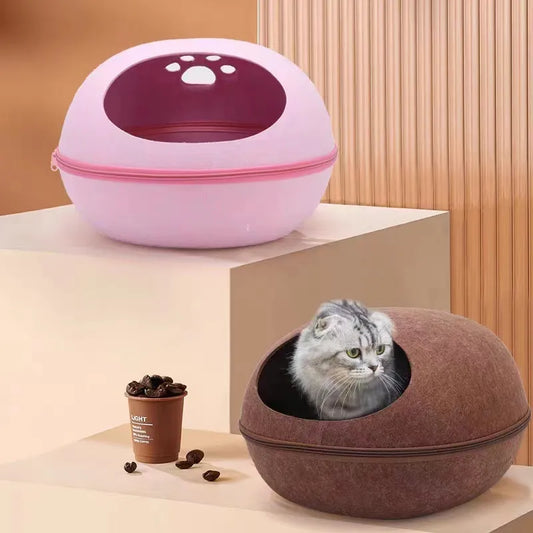 Cat Bed Artificial Felt House for Cats Sleeping Bag With Nest Cushion Eggshell Detachable Breathable Semi Enclosed Pet Cave