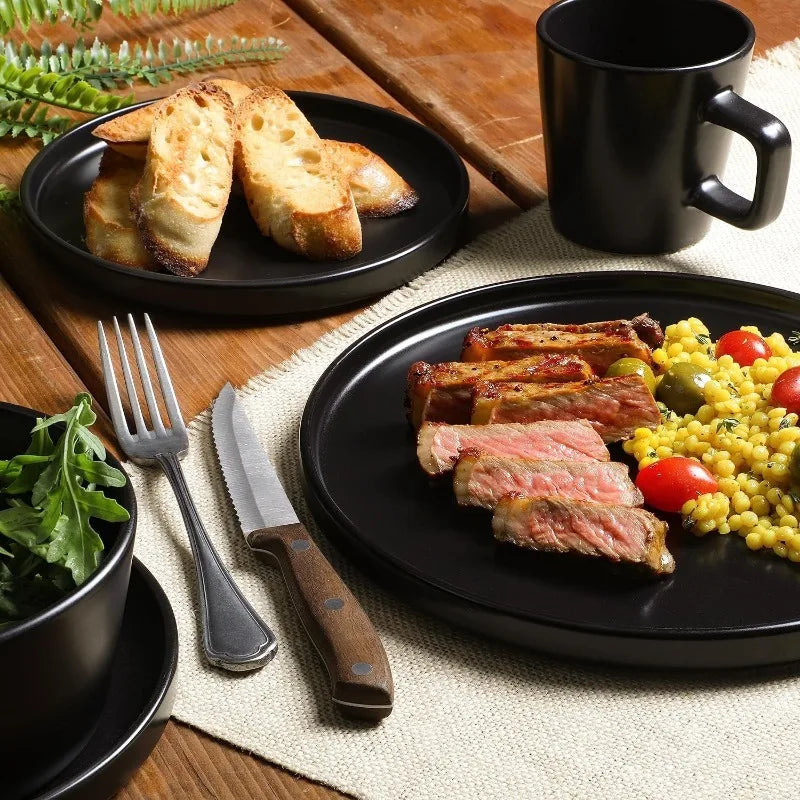 32 Piece Matte Black Stoneware Dinnerware Plates, Bowls, and Mugs Set - Service for 8