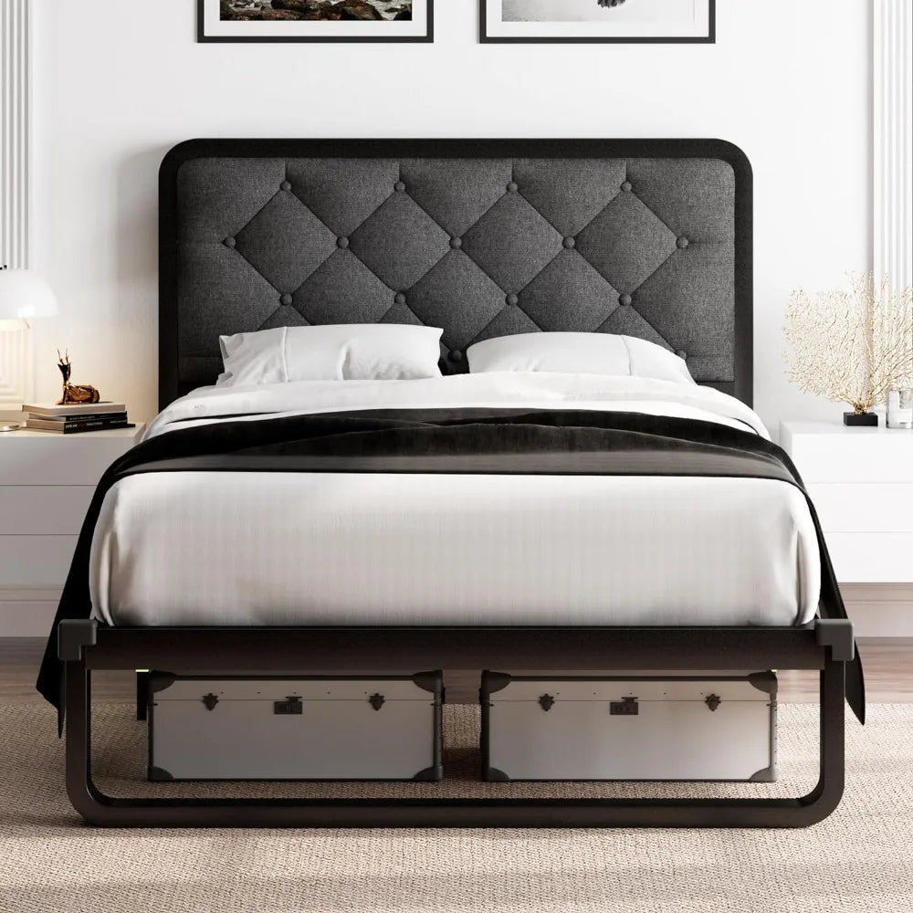 Twin Size Bed Frame, Upholstered Platform Bed Frame with Heavy-Duty Metal Steel Slats, Diamond Linen Headboard,12" Storage Space