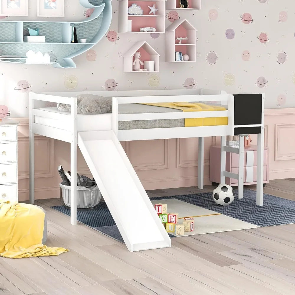 Wooden Single Bed Frame for Children with Slide, Space-saving Wooden Bed Frame for Children for Boys or Girls, White