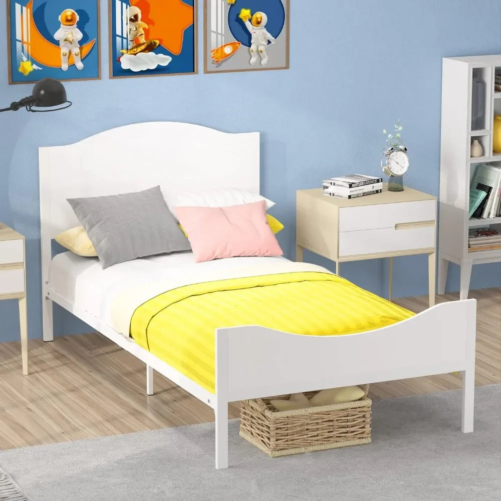 Timy Kids Twin Bed Frame with Wooden Headboard and Footboard, Metal Platform Bed Frame for Boys Girls Teens Adults