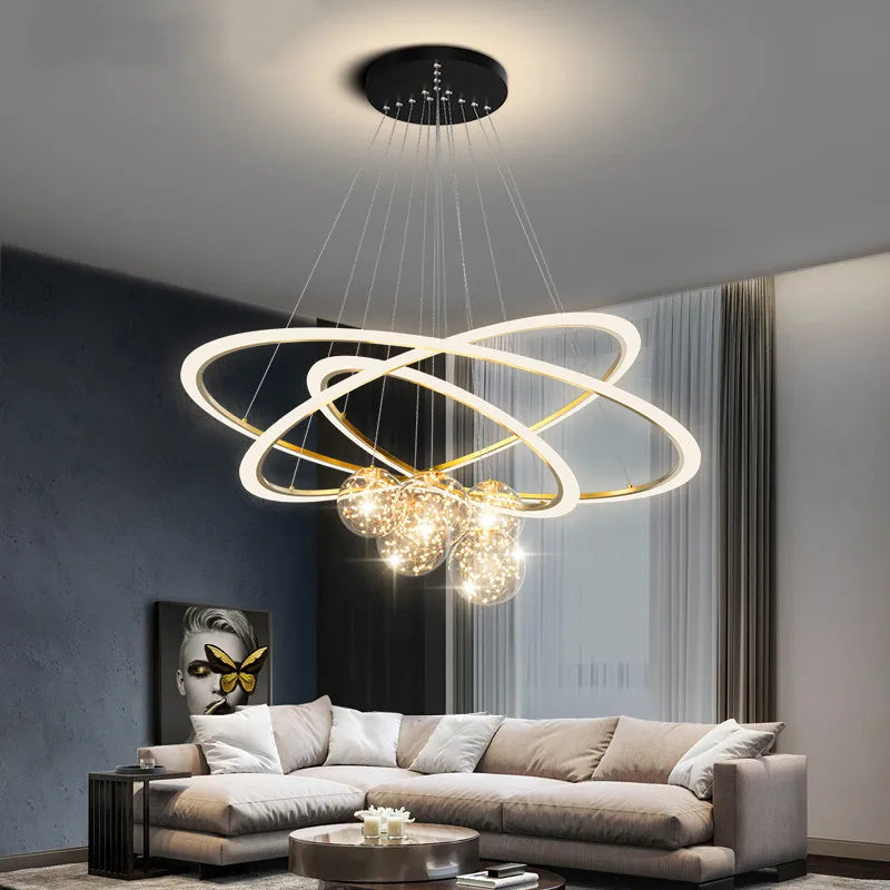 Remote Dimming Modern Chandeliers For Living Room Dining Bedroom Pendant Lamps Gypsophila Decor Lustre Round Rings Droppshiping