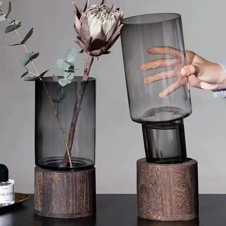 Vases Simple European hydroponic plant household living room table  inserted flower wood base transparent glass vase Home Decor