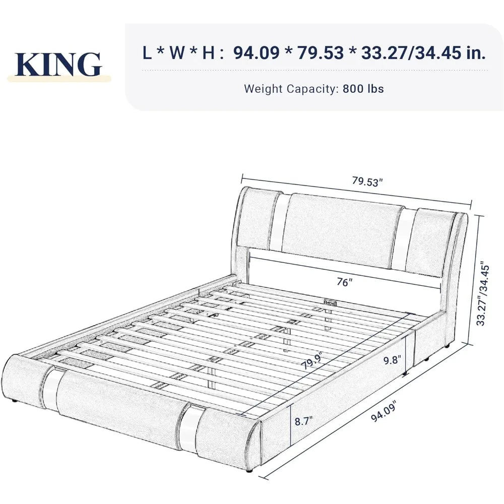 Bed frame, faux leather padded table bed with adjustable headboard, supported by wooden boards, oversized bed frame