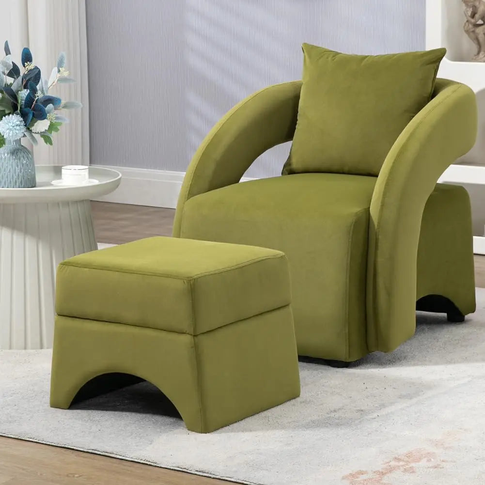 Modern Accent Chair with Ottoman,Velvet Upholstered Armchair and Ottoman Set,Single Sofa with Lounge Seat,Comfortable Club Chair