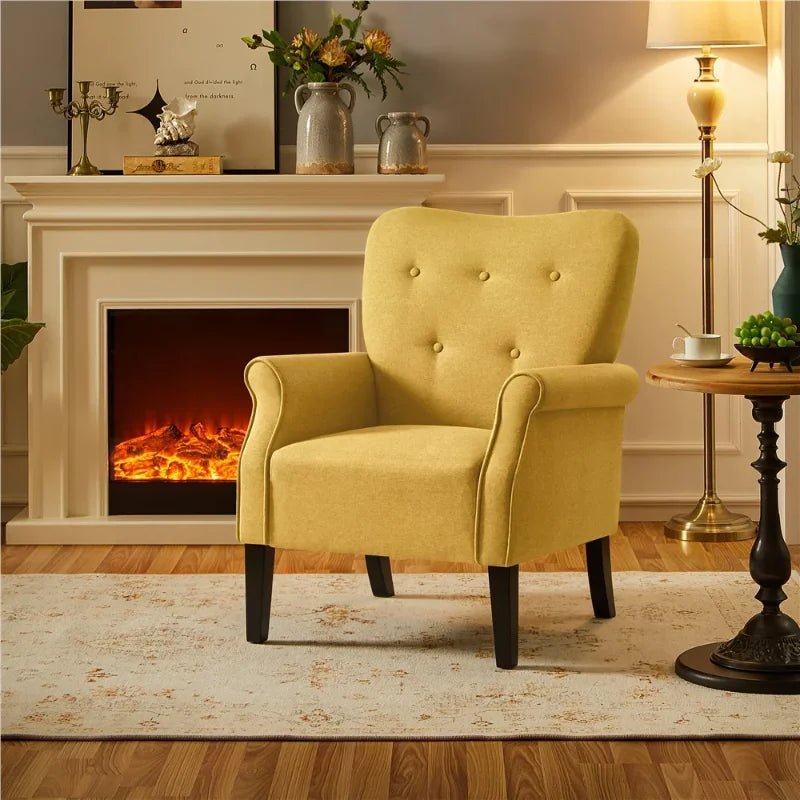 SMILE MART Mid-century Upholstered Fabric Accent Armchair for Living Room with Wooden Leg, Yellow egg chair