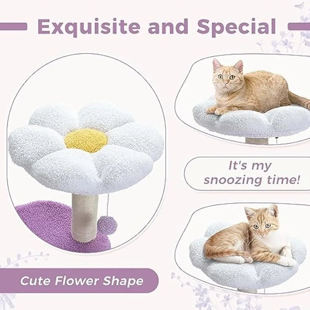 32 Inches Purple Flower Cat Tower with Sisal Covered Scratching Post, Cozy Condo, Plush Perches and Fluffy Balls cat furniture