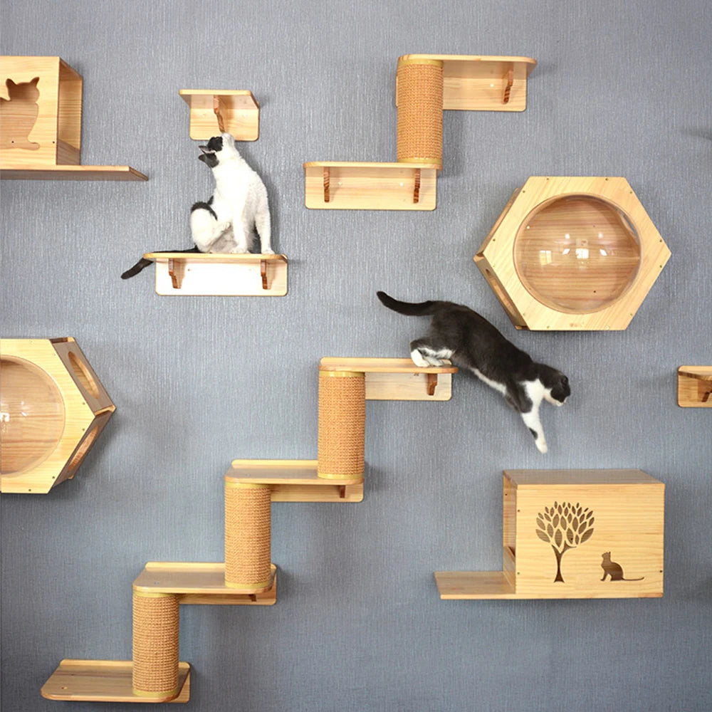 Cat Wall Climbing Shelves Wall Mounted Hammock Cat Scratching Post Wooden Stairway Shelves with Sisal Rope Ladder Wall Cat Tree